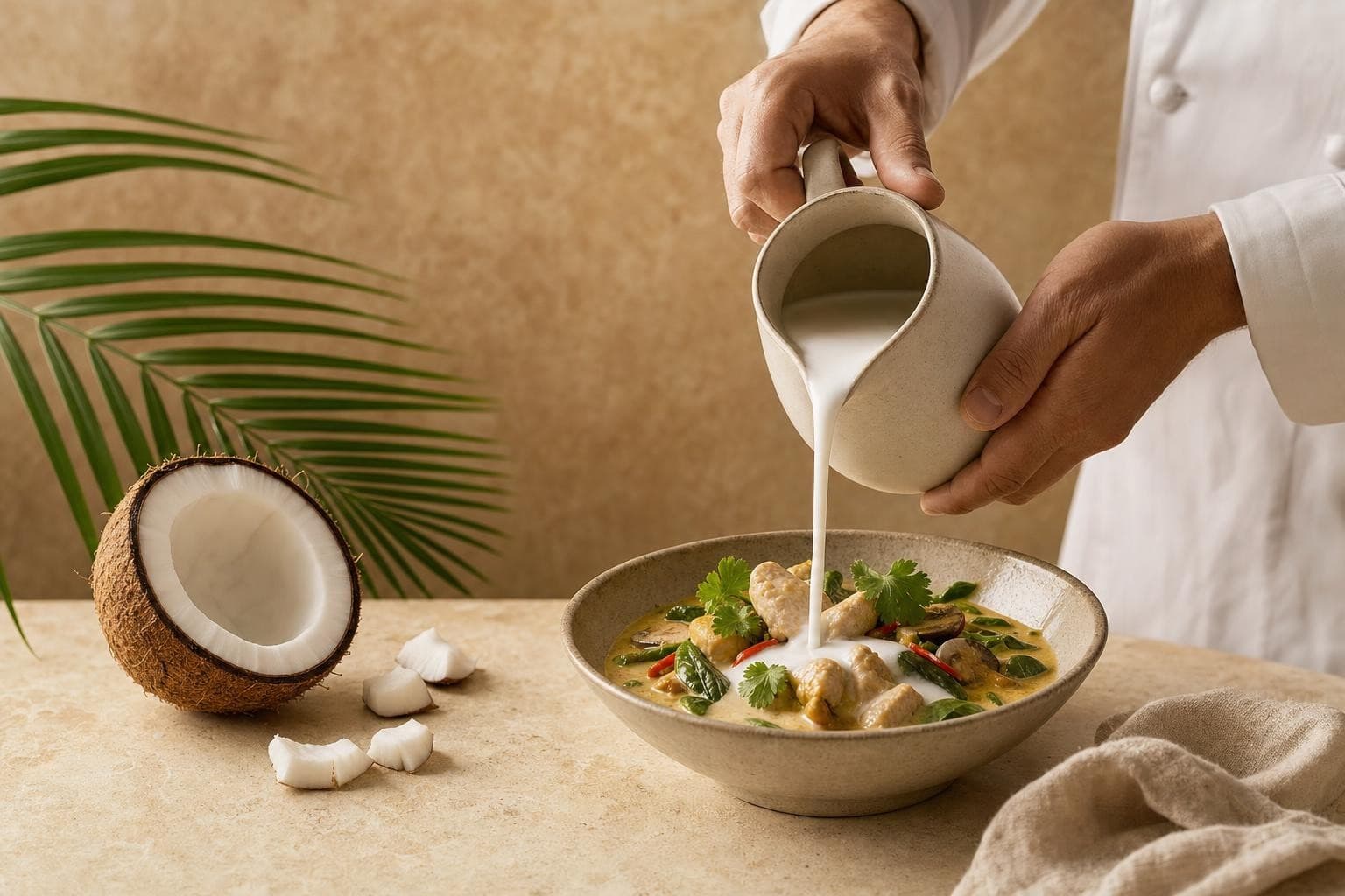 Coconut milk being poured into a prepared dish in a warm professional kitchen
