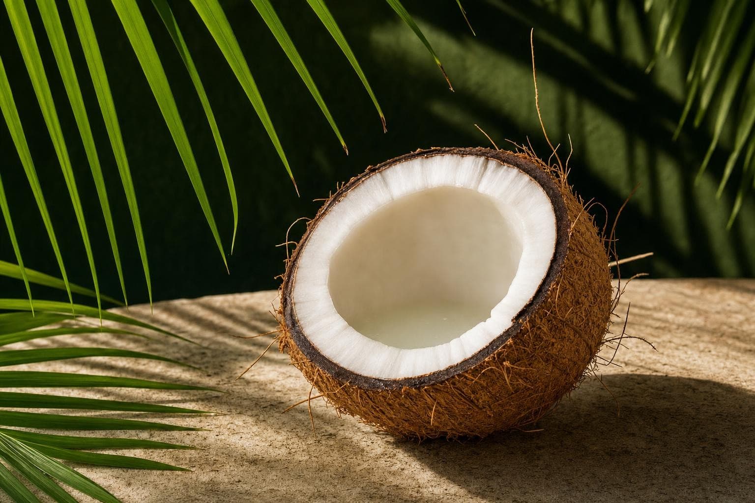 A fresh coconut opened beside tropical palm leaves